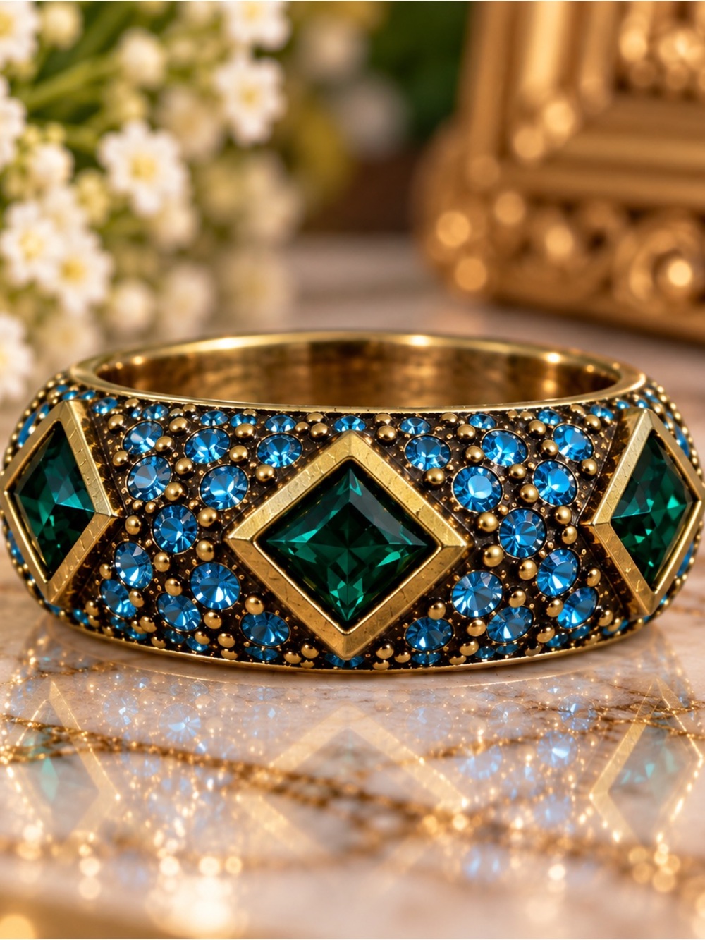 Heidi Daus “10 Shades” Emerald Blue Crystal Brass Statement Ring Size 10